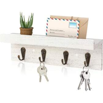 Rustic Key Holder for Wall, Farmhouse Wall Shelf with 4 Hooks, Wall Mounted Key Racks