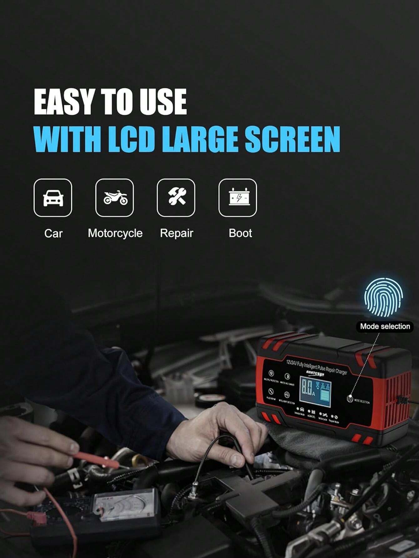 Caricabatteria Auto 10A 12V/24V Intelligente - 7 Stadi, Ripristino Impulsi, Display LCD, Per Batterie Al Piombo AGM/GEL - 2 Anni Garanzia - 3