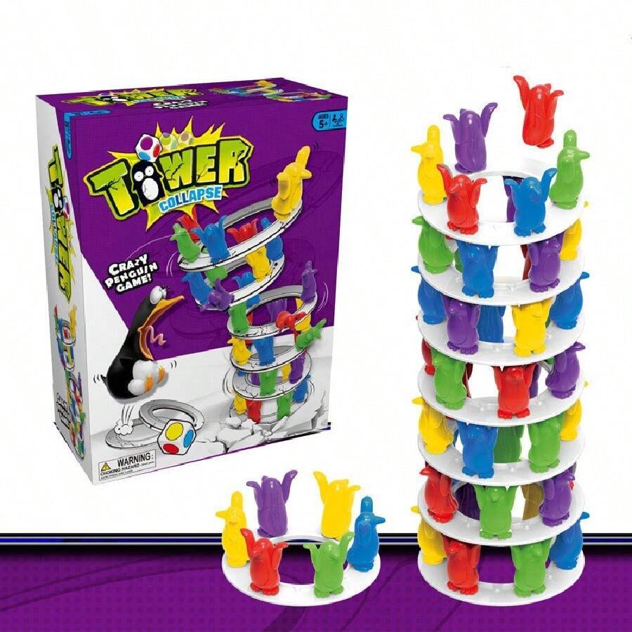 1 Caja Juego De Pinguinos Que Colapsa La Torre Para Fiestas, Educación Familiar, Reto De Construcción De Bloques Para Niños - Morado - Ver 1