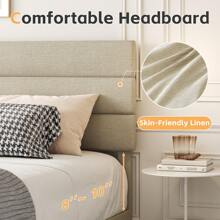 Gunji Queen Bed Frame With Headboard Upholstered Bed No Box Spring Needed, Easy Assemble, Camas Queen Size, Three Size - Màu be - Xem 3