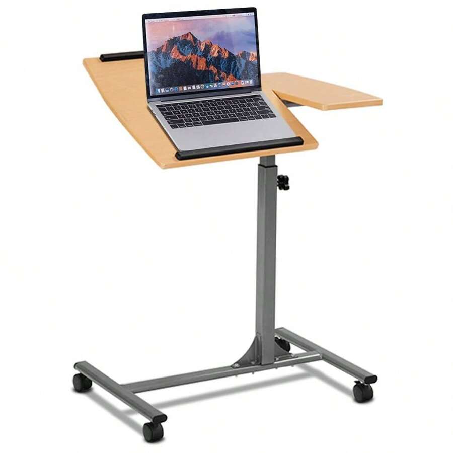 Laptop Table Height Adjustable, Laptop Stand Wood, Notebook Table With Wheels, Notebook Stand Rotatable, Adjustable Computer Table, 71-93 Cm X 64 X 45 Cm (Natural) - Brown - View 1