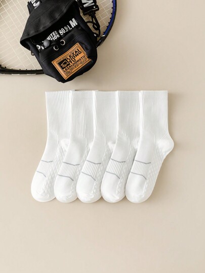 5 Paar Damen weiße Sportssocken mit Massagesohlen, atmungsaktive mittellange Crew-Socken für Laufen, Basketball, Sport für den Sommer, für Fitnessstudio