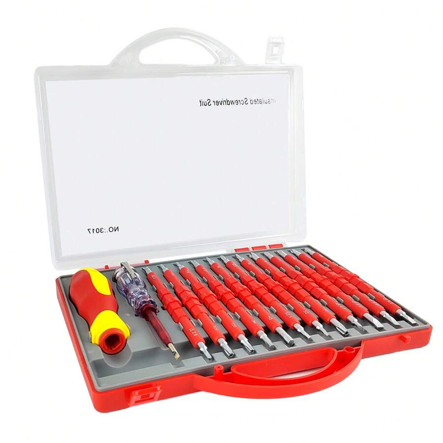 5-Piece Screwdriver Set Insulated, Screwdriver Set Electrician, Screwdriver Set With Voltage Tester,Storage Box, With 2 Phillips, 2 Slot, 1 U-Shaped, 1 Triangle - Red - View 1
