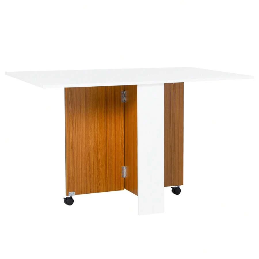 HOMCOM Folding Dining Table Writing Desk Workstation W/ Casters Teak Colour, White