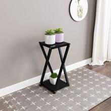 2 Tier Plant Stand Indoor Outdoor Metal Wood Potted Planter Rack Storage Organizer Flower Pot Holder Shelves - 黑色支架+黑板 - 查看 4