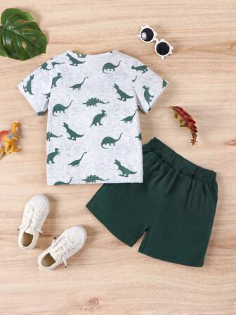 Conjunto de camiseta de verano de manga corta con dinosaurio para niño joven y pantalones cortos de unicolor