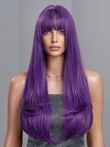 HAIRCUBE 一片式合成耐热长卷发波浪发带刘海假发金色 26 英寸全机织日常自然逼真假发 - 紫色 - 查看 4