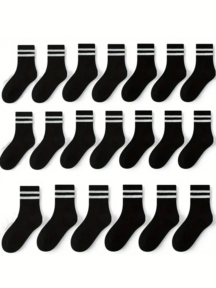 20 Pairs Kids/Children Double Bar Sports Socks, Soccer Mid-Calf Socks For Students - Black - View 1