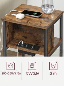 Table d'Appoint - VASAGLE - 2 Prises CA - 2 Ports USB - Marron Rustique et Noir/Noir/Marron Camel et Noir - Tabac - Voir 4