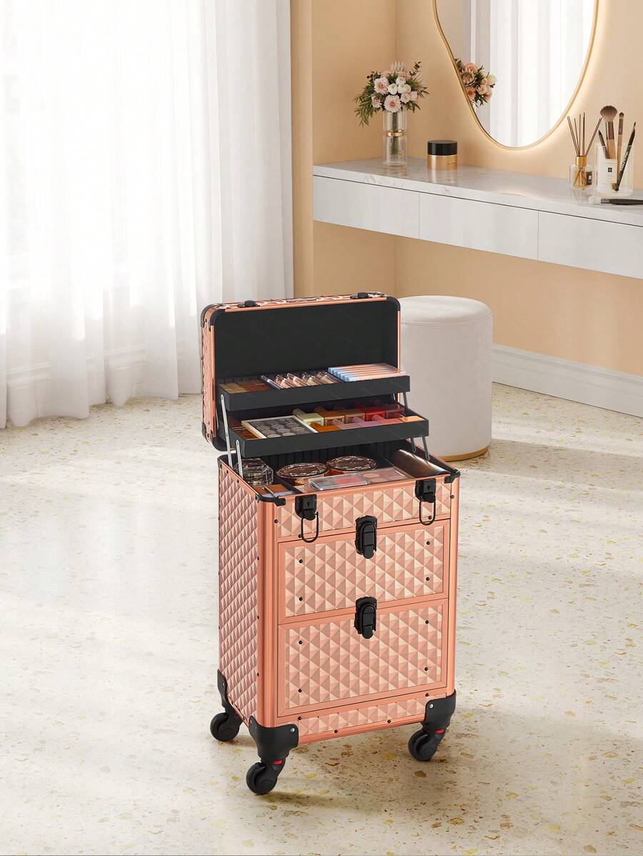 SONGMICS Maleta de Maquillaje Profesional, Maletín para Cosméticos, Maletín de Peluquería, con 2 Cajones, Grande, 34 x 24 x 56 cm, Ruedas 360°, para Viaje, Regalo Ideal, Champán Dorado - Champán Dorado - Ver 1