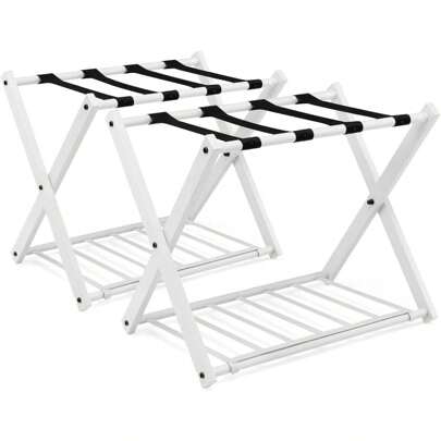 Set Of 2 Foldable Suitcase Stands, Metal Luggage Rack With A Load Capacity Of Up To 60kg, Suitcase Rack With Shoe Rack Underneath, Suitcase Stool For Travel Bags And Luggage, 64x43x58cm, White