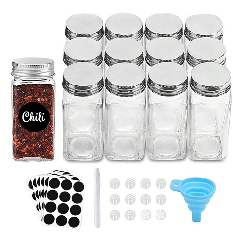 Set De 12 Tarros De Especias De Vidrio De 120 Ml Con Tapa Agitadora De Comino, Contenedores De Condimentos De Cocina - Set de tapa de aluminio de 12 piezas + bolígrafo + pegatina + embudo + pincel - Ver 1