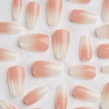 24片裸粉法式漸層短芭蕾手工貼壓假指甲,適用於春夏季節 - 粉色 - 查看 3