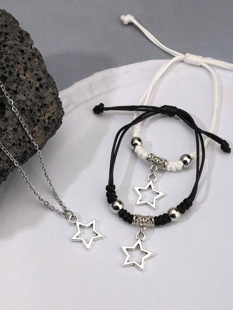 3pcs Vintage Punk Style Braided Star&Five-Pointed Star Design Bracelet And Necklace Set Fashionable High-End Unisex Necklace Bracelet (2 Bracelets+1 Necklaces), Suitable As A Gift For Men, Women And Household Members - Silver - View 1