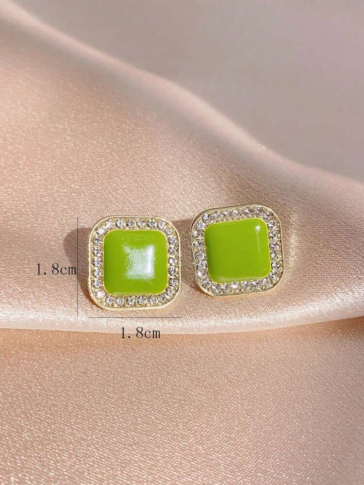 1 Paire De Boucles D'oreilles Légères De Créateur Avancé De Style Français De Couleur Cool Avec Un Décor Géométrique Orné De Pierres Précieuses Vertes Avocat - Multicolore - Voir 2