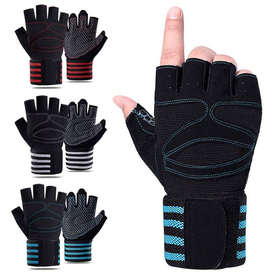 Guantes Para Pesas De Gym Antiderrape Espesar Con Muñequera - Azul - Ver 1