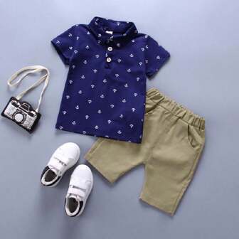 PatPat 2pcs Young Boys Preppy Style Anchor Print Polo Shirt And Shorts Set