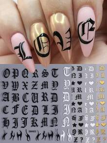 5入組哥德體字指甲貼片，古老英文字母3D滑片心形混合指甲貼紙裝，美甲裝飾情人節指甲藝術 - 彩色 - 查看 2