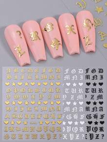 5入組哥德體字指甲貼片，古老英文字母3D滑片心形混合指甲貼紙裝，美甲裝飾情人節指甲藝術 - 彩色 - 查看 5