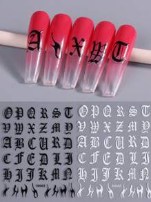 5入組哥德體字指甲貼片，古老英文字母3D滑片心形混合指甲貼紙裝，美甲裝飾情人節指甲藝術 - 彩色 - 查看 4