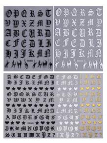 5入組哥德體字指甲貼片，古老英文字母3D滑片心形混合指甲貼紙裝，美甲裝飾情人節指甲藝術 - 彩色 - 查看 3