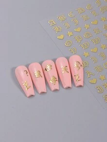 5入組哥德體字指甲貼片，古老英文字母3D滑片心形混合指甲貼紙裝，美甲裝飾情人節指甲藝術 - 彩色 - 查看 7