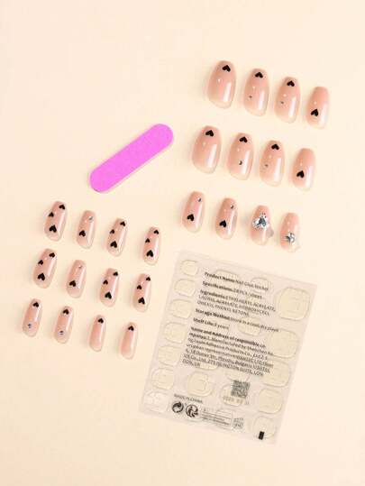 ショート コフィン ハート プリント フェイク ネイル 24 個 & ネイル ファイル 1 個 & シート テープ 1 個