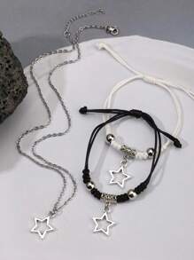 3pcs Vintage Punk Style Braided Star&Five-Pointed Star Design Bracelet And Necklace Set Fashionable High-End Unisex Necklace Bracelet (2 Bracelets+1 Necklaces), Suitable As A Gift For Men, Women And Household Members - Silver - View 3