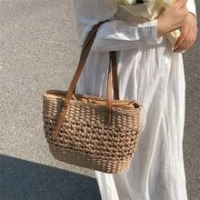 New Spring Summer Beach Bag, With Shoulder Strap And Handheld Design, Woven Style - Khaki - View 7