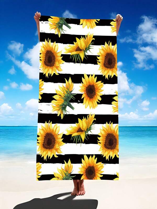 1pc Striped Sunflower Beach Towel, Ultra-Fine Fiber Oversized Beach Blanket, Super Absorbent Bath Towel, Suitable For Travel, Swimming, Diving, Surfing, Yoga, Camping, Various Sizes For Adults And Ren, Beach Accessories Summer Travel, Vacation Holiday Beach Essentials