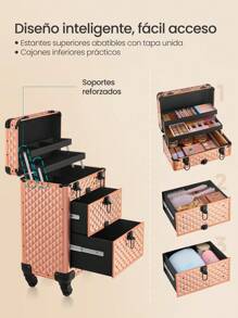 SONGMICS Maleta de Maquillaje Profesional, Maletín para Cosméticos, Maletín de Peluquería, con 2 Cajones, Grande, 34 x 24 x 56 cm, Ruedas 360°, para Viaje, Regalo Ideal, Champán Dorado - Champán Dorado - Ver 2