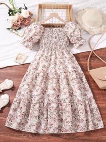 Left Mama Tween-Mädchen Süßes Prinzessinnenkleid mit quadratischem Ausschnitt und Puffärmeln, Blumenmuster, Sommerkleid