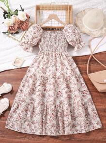 Left Mama Tween-Mädchen Süßes Prinzessinnenkleid mit quadratischem Ausschnitt und Puffärmeln, Blumenmuster, Sommerkleid