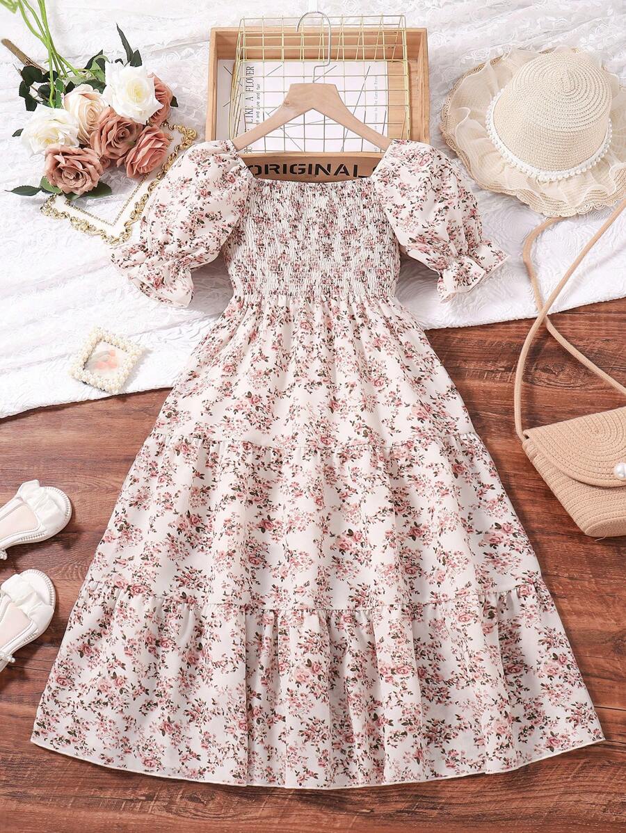 Left Mama Tween-Mädchen Süßes Prinzessinnenkleid mit quadratischem Ausschnitt und Puffärmeln, Blumenmuster, Sommerkleid