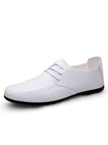 White Lace-Up Wedding Shoes For Men, Groom Shoes, Groomsman Shoes, Casual Vacation Leather Shoes, Soft & Lightweight Loafers, Classic Simple Comfortable Men Leather Shoes, Fashion Business Office Shoes, Durable Driving Shoes