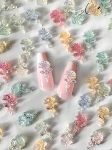 100pcs/Bag Resin Mini Colorful Roses, Aurora Flowers Valentine's Day Spring Flowers, Random Color DIY 3D Bouquet Mini Nail Art Decor, Nail Art Supplies - Multicolor - View 7