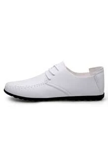 White Lace-Up Wedding Shoes For Men, Groom Shoes, Groomsman Shoes, Casual Vacation Leather Shoes, Soft & Lightweight Loafers, Classic Simple Comfortable Men Leather Shoes, Fashion Business Office Shoes, Durable Driving Shoes