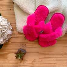 Chinelo Felpudo Com Faixa Cruzada Antiderrapante Para Mulheres - Pink - Visão 3