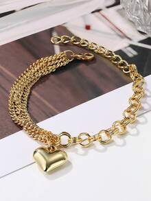 1入組奢華三層心形珍珠手鍊,獨特設計情人節禮物,金屬鏈搭配巴洛克珍珠 - 多層鏈條心型手鍊 - 查看 2