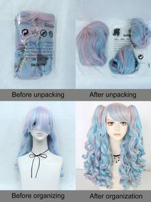 长蓝色和粉红色假发马尾辫，带自然夹子，带刘海的合成假发，长而有弹性的卷发动漫假发，卡哇伊洛丽塔假发，公主角色扮演假发，适用于动漫展万圣节派对服装假发 22 英寸双马尾假发，刘海假发，送礼的理想选择，双可拆卸马尾辫假发和 1 个假发帽（4 件套：2 个夹式马尾辫 + 1 个假发 + 1 个假发帽） - 彩色 - 查看 8