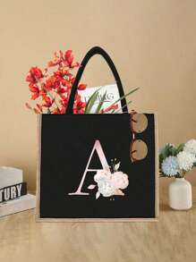 1入粉色字母印花黑色手提袋，黃色亞麻邊緣設計，簡約大方，情人節禮物，女性伴娘個性化結婚禮物袋，化妝包，旅行簡易收納袋，純色化妝品錢包，大容量旅行化妝包：非常適合戶外美容！ 適合婚禮，生日，海灘和假期，是女性，母親，老師，朋友和伴娘的絕佳禮物。 大袋適合學生，回學校和... - 黑色 - 查看 3