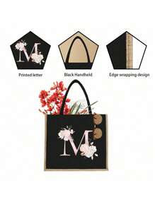 1入粉色字母印花黑色手提袋，黃色亞麻邊緣設計，簡約大方，情人節禮物，女性伴娘個性化結婚禮物袋，化妝包，旅行簡易收納袋，純色化妝品錢包，大容量旅行化妝包：非常適合戶外美容！ 適合婚禮，生日，海灘和假期，是女性，母親，老師，朋友和伴娘的絕佳禮物。 大袋適合學生，回學校和... - 黑色 - 查看 7
