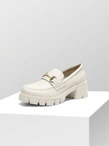 Women's Loafers Platform Chunky Loafers 2.17-Inch Heel Pumps Slip On Casual Commute Versatile Leather Shoes - Beige - View 2