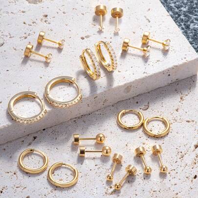 10對女性小金色耳環,18k金電鍍小不銹鋼耳環套裝,適用於多個洞穴穿刺,小巧的環狀耳環適用於耳緣,helix和tragus
