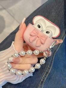 苹果婴儿粉色透明闪光耳机盒配蝴蝶结和仿珍珠链