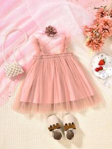 2pcs/Set Baby GirlSweet Style Mesh Strap Dress & Headband - Coral Pink - View 2