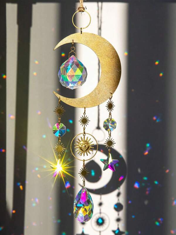 1pc Moon Star Crystal Pendant Crystal Sun Catcher Hanging Window Home Decoration Light And Shadow Wind Chime,Halloween,Spooky,Autumn,Holiday,Festival,Home Decor ,Room Decor,Wall Decor Gifts Birthday Graduation