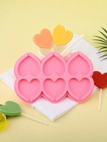 1 件 6 腔爱心形棒棒糖模具，用于 DIY 巧克力制作，手工卡通糖果模具，硅胶 - 粉色 - 查看 5