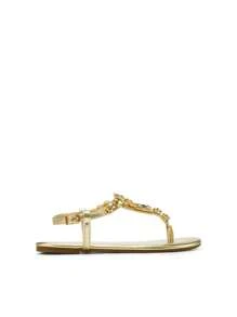 Flat Sandals For Women Dressy Rhinestone T-Strap Thong Flat Sandals For Summers Dress Beach - 金色 - 查看 3