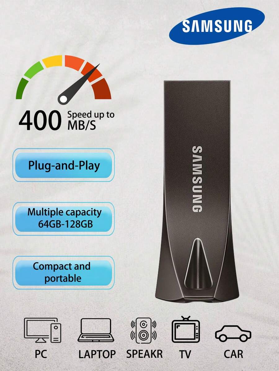 Samsung BAR PLUS USB Flash Drive Disk 64GB 128GB 256GB USB Flash Disk USB3.1 Pen Drive Up To 300MB/S - Black - View 1